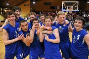 26 March 2010; St. Fintans High School players celebrate after the final whistle. U19A Boys - All-Ireland Schools League Finals 2010, St. Fintans High School, Dublin v Presentation College, Bray, National Basketball Arena, Tallaght, Dublin. Picture credit: Matt Browne / SPORTSFILE