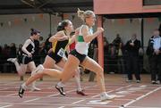 27 March 2010; Sarah Lavin, Emerald AC, crosses the line to win the Girls U17 60m final the Woodie’s DIY Juvenile Indoor Championships. Nenagh Indoor Arena, Nenagh, Co. Tipperary. Picture credit: Pat Murphy / SPORTSFILE