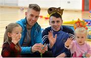 29 March 2016; Dublin footballers Jonny Cooper, left, and Cormac Costello with Saoirse Gogan, aged 5, from Blanchardstown, Dublin, left, and Emily Keogh, aged 4, from Clonsilla, Dublin, take part in activities at Jump Autism Support's Easter Camp, as part of the Gaelic Players Association’s support for World Autism Awareness Day on April 2nd and the Jump Autism Support group. Ongar Community Centre, Dublin. Picture credit: Piaras Ó Mídheach / SPORTSFILE
