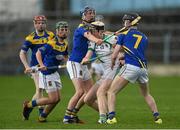28 March 2016; Rian Doody, Abbey CBS, Tipperary, in action against Sean Duffin, left, and Ryan McGarry, St. Louis Gramnmer School, Ballymena. Masita GAA All Ireland Post Primary Schools Paddy Buggy Cup Final, Abbey CBS, Tipperary v St. Louis Ballymena. Semple Stadium, Thurles, Co. Tipperary. Photo by Sportsfile