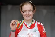 27 March 2010; Clara Hatton, North Sligo AC, with her medal after winning the Girls U13 Shot Putt at the Woodie’s DIY Juvenile Indoor Championships. Nenagh Indoor Arena, Nenagh, Co. Tipperary. Picture credit: Pat Murphy / SPORTSFILE