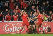 26 March 2010; Jean de Villiers, Munster, celebrates scoring his side's second try, with team-mate Doug Howlett, right. Celtic League, Munster v Glasgow Warriors. Thomond Park, Limerick. Picture credit: Stephen McCarthy / SPORTSFILE