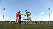 21 March 2010; Kerry captain Bryan Sheehan shakes hands with Mayo captain Trevor Mortimer ahead of the game. Allianz National Football League, Division 1, Round 5, Kerry v Mayo, Austin Stack Park, Tralee, Co. Kerry. Picture credit: Stephen McCarthy / SPORTSFILE