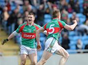 28 March 2010; Donal Vaughan, Mayo, is congratulated by team-mate Enda Varley, left, after scoring his side's first goal. Allianz GAA Football National League, Division 1, Round 6, Mayo v Monaghan, McHale Park, Castlebar, Co. Mayo. Picture credit: Brian Lawless / SPORTSFILE