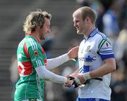 28 March 2010; Conor Mortimer, Mayo, with Monaghan's Dick Clerkin after the match. Allianz GAA Football National League, Division 1, Round 6, Mayo v Monaghan, McHale Park, Castlebar, Co. Mayo. Picture credit: Brian Lawless / SPORTSFILE