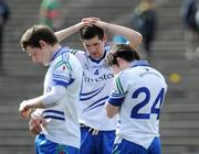28 March 2010; Monaghan players Colm Greenan, Ciaran Hanratty, right, and Conor McManus, left, show their disappointment after defeat. Allianz GAA Football National League, Division 1, Round 6, Mayo v Monaghan, McHale Park, Castlebar, Co. Mayo. Picture credit: Brian Lawless / SPORTSFILE