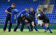 30 March 2016; Leinster Rugby stars, from left, Garry Ringrose, Ross Molony and Josh van der Flier and Ross Molony are joined by Caoimhe Power, age 16, Navan RFC, and Sean Dunne, age 16, Lansdowne FC, at Donnybrook Stadium to mark the launch of the Bank of Ireland Leinster Rugby School of Excellence which will run in The King’s Hospital School, Palmerstown in July and August. Go to http://www.leinsterrugby.ie/domestic/SoE/leinster_school_of_excellence.php for more information. Donnybrook Stadium, Donnybrook, Dublin. Picture credit: Brendan Moran / SPORTSFILE