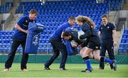 30 March 2016; Leinster Rugby stars, from left, Garry Ringrose, Ross Molony and Josh van der Flier and Ross Molony are joined by Caoimhe Power, age 16, Navan RFC, and Sean Dunne, age 16, Lansdowne FC, at Donnybrook Stadium to mark the launch of the Bank of Ireland Leinster Rugby School of Excellence which will run in The King’s Hospital School, Palmerstown in July and August. Go to http://www.leinsterrugby.ie/domestic/SoE/leinster_school_of_excellence.php for more information. Donnybrook Stadium, Donnybrook, Dublin. Picture credit: Brendan Moran / SPORTSFILE