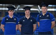 30 March 2016; Leinster Rugby stars, from left, Garry Ringrose, Josh van der Flier and Ross Molony at Donnybrook Stadium to mark the launch of the Bank of Ireland Leinster Rugby School of Excellence which will run in The King’s Hospital School, Palmerstown in July and August. Go to http://www.leinsterrugby.ie/domestic/SoE/leinster_school_of_excellence.php for more information. Donnybrook Stadium, Donnybrook, Dublin. Picture credit: Brendan Moran / SPORTSFILE