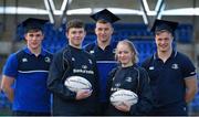 30 March 2016; Leinster Rugby stars, from left, Garry Ringrose, Ross Molony and Josh van der Flier are joined by Sean Dunne, age 16, Lansdowne FC, and Caoimhe Power, age 16, Navan RFC, at Donnybrook Stadium to mark the launch of the Bank of Ireland Leinster Rugby School of Excellence which will run in The King’s Hospital School, Palmerstown in July and August. Go to http://www.leinsterrugby.ie/domestic/SoE/leinster_school_of_excellence.php for more information. Donnybrook Stadium, Donnybrook, Dublin. Picture credit: Brendan Moran / SPORTSFILE