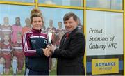 31 March 2016; Shauna Fox, from Galway WFC, is presented with the Continental Tyres Women’s National League Player of the Month Award for February 2016 by Eddie Ryan, Marketing Director at Advance Pitstop. Advance Pitstop, Headford Road, Galway. Picture credit: Piaras Ó Mídheach / SPORTSFILE