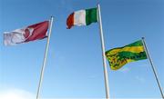 30 March 2016; The Tyrone, Donegal and Tricolour flag before the game. EirGrid Ulster GAA Football U21 Championship, Semi-Final, Tyrone v Donegal, Celtic Park, Derry. Picture credit: Oliver McVeigh / SPORTSFILE