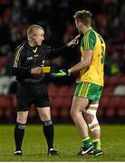 30 March 2016; Referee Barry Cassidy shows Stephen McMenamin, Donegal, a second yellow card in the second half. EirGrid Ulster GAA Football U21 Championship, Semi-Final, Tyrone v Donegal, Celtic Park, Derry. Picture credit: Oliver McVeigh / SPORTSFILE