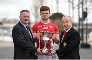 31 March 2016; Pictured at the EirGrid GAA Football U21 Ulster Championship final media day in Belfast are Fergal Keenan, Agricultaral Liason Officer, SONI, left, Tyrone's Cathal McShane, centre, and Michael Hasson, President, Ulster GAA. Monaghan take on Tyrone in the EirGrid GAA Football U21 Ulster Championship final on Wednesday 6th April. Belfast city centre, Belfast. Picture credit: Ramsey Cardy / SPORTSFILE