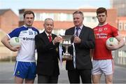 31 March 2016; Pictured at the EirGrid GAA Football U21 Ulster Championship final media day in Belfast are, from left, Monaghan's Kevin Loughran, Michael Hasson, President, Ulster GAA, Fergal Keenan, Agricultaral Liason Officer, SONI and Tyrone's Cathal McShane. Monaghan take on Tyrone in the EirGrid GAA Football U21 Ulster Championship final on Wednesday 6th April. Belfast city centre, Belfast. Picture credit: Ramsey Cardy / SPORTSFILE