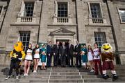 31 March 2016; At the unveiling of Trinity College Dublin as the Welcome Village for this September’s Aer Lingus College Football Classic in the Aviva Stadium between Boston College and Georgia Tech are, from left, Georgia Tech mascot Buzz, Georga Tech cheerleaders Sarah Kate Somers and Jackie Carroll, Carol O'Reilly, Aer Lingus, Keith Butler, Chief Commercial Officer, Aer Lingus, Padraic O'Kane, Game promoter, Kevin O'Malley, US Ambassador to Ireland, Adrian Neilan, Commercial Director, Trinity College, Warren Zola, Executive Director of the Boston College Chief Executives Club, Danielle Coughlan, Aer Lingus, Boston College cheerleaders Elizabeth Pehota and Matthew Keemon and Boston College mascot Baldwin. Tickets, from €35 go on general sale next Wednesday, April 6th at 9.00am via Ticketmaster. Trinity College, Dublin. Picture credit: Brendan Moran / SPORTSFILE