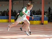 27 March 2010; Luke Morris, Newbridge AC, crosses the finish line to win the Boys U12 60m at the Woodie’s DIY Juvenile Indoor Championships. Nenagh Indoor Arena, Nenagh, Co. Tipperary. Picture credit: Pat Murphy / SPORTSFILE