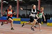 27 March 2010; Sean Lawlor, Donore Harriers AC, centre, on his way to winning the boys U14 60m at the Woodie’s DIY Juvenile Indoor Championships. Nenagh Indoor Arena, Nenagh, Co. Tipperary. Picture credit: Pat Murphy / SPORTSFILE