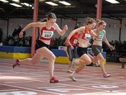 27 March 2010; Bronwyn Keogh, Fingallians AC, 583, crosses the finish line to win the Girls U15 60m at the Woodie’s DIY Juvenile Indoor Championships. Nenagh Indoor Arena, Nenagh, Co. Tipperary. Picture credit: Pat Murphy / SPORTSFILE