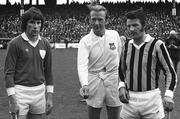 1 September 1974; Referee John Moloney, Tipperary, prepares to toss the coin in front of Limerick captain Sean Foley, left, and Kilkenny captain Nickey Orr. All-Ireland Senior Hurling Championship Final, Kilkenny v Limerick, Croke Park, Dublin. Picture credit; Connolly Collection / SPORTSFILE