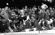 5 September 1976; Cork captain Ray Cummins prepares to make his speech after being presented with the Liam MacCarthy Cup by GAA President Con Murphy. Also pictured are , from left, Cork County Board Chairman Donal O'Sullivan, Pat McDonnell, John Horgan, Martin O'Doherty, Charlie McCarthy, 13, Martin Coleman, goalkeeper, Denis Coughlan, Gerald McCarthy, Brian Murphy, Eamonn O'Donoghue, Sean O'Leary, John Allen and Mick Malone. All Ireland Senior Hurling Championship Final, Cork v Wexford, Croke Park, Dublin. Picture credit; Connolly Collection / SPORTSFILE