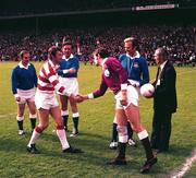 23 September 1973; Cork captain Billy Morgan shakes hands with Galway captain Liam Sammon. Cork v Galway, All Ireland Senior Football Final, Croke Park, Dublin. Picture credit: Connolly Collection / SPORTSFILE