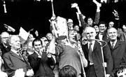 2 September 1973; Limerick captain Éamonn Grimes lifts the Liam MacCarthy cup. Also in the picture is President Erskine Childers, far left, and Taoiseach Liam Cosgrave, far right. Kilkenny v Limerick, All Ireland Hurling Final, Croke Park, Dublin. Picture credit: Connolly Collection / SPORTSFILE