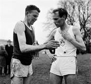 1966; Tom O'Riordan, Donore Harriers, right, in conversation with Mick Molloy, Oughterard A.C., after the race. Amateur Athletic Union & N.A.C.A Championships, Gormanston, Dublin. Picture credit: Connolly Collection / SPORTSFILE