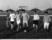 June 1966; Former Irish international Noel Cantwell, 3rd from right, at a training session with the Irish under 23 players, from left, Pat Morrissey, Eamon Rogers, Eamon Dunphy, Frank McEwan and Joe McGrath. Ireland Under 23 squad training, Milltown, Dublin. Picture credit: Connolly Collection / Sportsfile