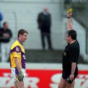 6 May 2001; Referee Brian Crowe shows a yellow card to Pat Forde of Wexford during the Bank of Ireland Leinster Senior Football Championship First Round match between Laois and Wexford at Dr Cullen Park in Carlow. Photo by Aoife Rice/Sportsfile