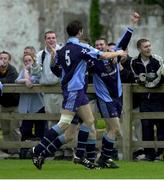 18 May 2001; Robert McAuley of UCD, right, celebrates with team-mate Clive Delaney after scoring his side's second during the National League Relegation / Promotion Playoff 2nd Leg match between UCD and Athlone Town at Belfield Park in Dublin. Photo by David Maher/Sportsfile