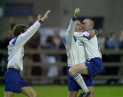 18 May 2001; Greg Costello of Athlone Town, centre, celebrates with team-mates Jan Fitzell, left, and Stuart Connolly after scoring his side's first goal during the National League Relegation / Promotion Playoff 2nd Leg match between UCD and Athlone Town at Belfield Park in Dublin. Photo by David Maher/Sportsfile