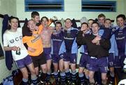 18 May 2001; UCD players celebrate in their dressing room after defeating Athlone Town during the penalty shootout in the National League Relegation / Promotion Playoff 2nd Leg match between UCD and Athlone Town at Belfield Park in Dublin. Photo by David Maher/Sportsfile
