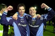 18 May 2001; UCD players Ciaran Martyn, left, and Robert McAuley, celebrate following victory over Athlone Town during the penalty shootout in the National League Relegation / Promotion Playoff 2nd Leg match between UCD and Athlone Town at Belfield Park in Dublin. Photo by David Maher/Sportsfile
