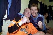 18 May 2001; UCD goalkeeper, Barry Ryan, left, celebrates with team-mate Tony McDonnell in the dressing room following victory over Athlone Town during the penalty shootout in the National League Relegation / Promotion Playoff 2nd Leg match between UCD and Athlone Town at Belfield Park in Dublin. Photo by David Maher/Sportsfile