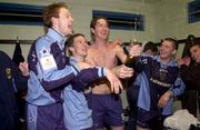 18 May 2001; UCD players left to right, Tony McDonnell, Paul O'Mara, Clive Delaney and Robert McAuley celebrate in their dressing room after victory over Athlone Town's during the penalty shootout in the National League Relegation / Promotion Playoff 2nd Leg match between UCD and Athlone Town at Belfield Park in Dublin. Photo by David Maher/Sportsfile