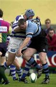 19 May 2001; Peter Bracken of Galwegians contests a loose ball with Aidan Kearney of Dungannon during the AIB All-Ireland League Division 1 Semi-Final match between Dungannon RFC and Galwegians RFC at Crowley Park in Glenina, Galway. Photo by Brendan Moran/Sportsfile