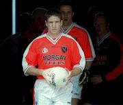 20 May 2001; Armagh Captain Kieran McGeeney leads the team out ahead of the Bank of Ireland Ulster Senior Football Championship Quarter-Final match between Tyrone and Armagh at St Tiernach's Park in Clones, Monaghan. Photo by David Maher/Sportsfile