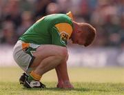 20 May 2001; A disappointed Leitrim wing back Fergal Reynolds after Galway had scored their third goal during the Bank of Ireland Connacht Senior Football Championship Quarter-Final match between Galway and Leitrim at Tuam Stadium in Tuam, Galway. Photo by Brendan Moran/Sportsfile