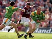 20 May 2001; Sean Og De Paor of Galway in action against John McKeon, (3) and Michael McGuinness of Leitrim during the Bank of Ireland Connacht Senior Football Championship Quarter-Final match between Galway and Leitrim at Tuam Stadium in Tuam, Galway. Photo by Brendan Moran/Sportsfile