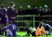 18 May 2001; Martin Moran, UCD manager, with his players during the penalty shootout in the National League Relegation / Promotion Playoff 2nd Leg match between UCD and Athlone Town at Belfield Park in Dublin. Photo by David Maher/Sportsfile