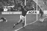 14 October 1987; Kevin Moran of Republic of Ireland celebrates after scoring a goal during the European Championship Qualifier match between Republic of Ireland and Bulgaria at Lansdowne Road in Dublin. Photo by Ray McManus/Sportsfile
