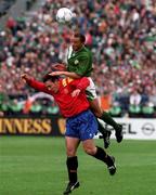 13 October 1993; Terry Phelan of Republic of Ireland in action against Ferrez of Spain during the FIFA World Cup Qualifier match between Republic of Ireland and Spain at Lansdowne Road in Dublin. Photo by Ray McManus/Sportsfile