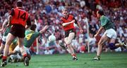 15 September 1991; Mickey Linden of Down in action against Terry Ferguson, 4, and Mick Lyons of Meath during the All-Ireland Senior Football Championship Final between Down and Meath at Croke Park in Dublin. Photo by David Maher/Sportsfile