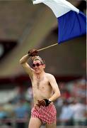 26 May 2001; A Dungannon fan cheers on his side during the AIB All-Ireland League Final match between Dungannon and Cork Constitution at Lansdowne Road in Dublin. Photo by Brendan Moran/Sportsfile