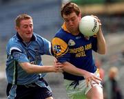 27 May 2001; Enda Barden of Longford is tackled by Coman Goggins of Dublin during the Bank of Ireland Leinster Senior Football Championship Quarter-Final match between Dublin and Longford at Croke Park in Dublin. Photo by Pat Murphy/Sportsfile