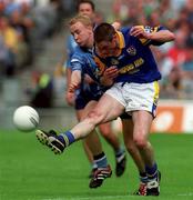 27 May 2001; Donal Ledwith of Longford in action against Wayne McCarthy of Dublin during the Bank of Ireland Leinster Senior Football Championship Quarter-Final match between Dublin and Longford at Croke Park in Dublin. Photo by Damien Eagers/Sportsfile