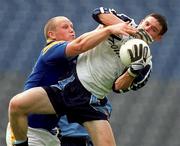 27 May 2001; Stephen Cluxton of Dublin goalkeeper in action against Niall Sheridan of Longford during the Bank of Ireland Leinster Senior Football Championship Quarter-Final match between Dublin and Longford at Croke Park in Dublin. Photo by Brendan Moran/Sportsfile