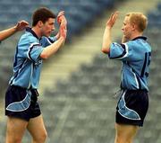 27 May 2001; Colin Moran of Dublin, left, celebrates scoring his side's second goal with team-mate Wayne McCarthy during the Bank of Ireland Leinster Senior Football Championship Quarter-Final match between Dublin and Longford at Croke Park in Dublin. Photo by Brendan Moran/Sportsfile
