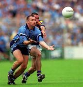27 May 2001; Thomas Lynch of Dublin is tackled by Trevor Smullen of Longford during the Bank of Ireland Leinster Senior Football Championship Quarter-Final match between Dublin and Longford at Croke Park in Dublin. Photo by Damien Eagers/Sportsfile